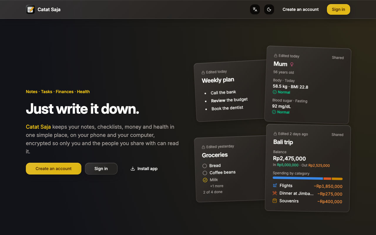 Catat Saja landing page showing a weekly plan note, a grocery checklist, a shared health log, and a trip finance book with spending by category