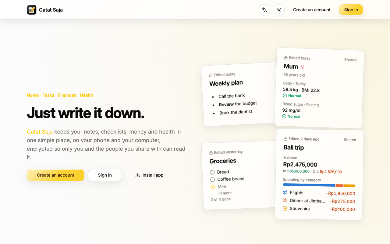 Catat Saja landing page showing a weekly plan note, a grocery checklist, a shared health log, and a trip finance book with spending by category