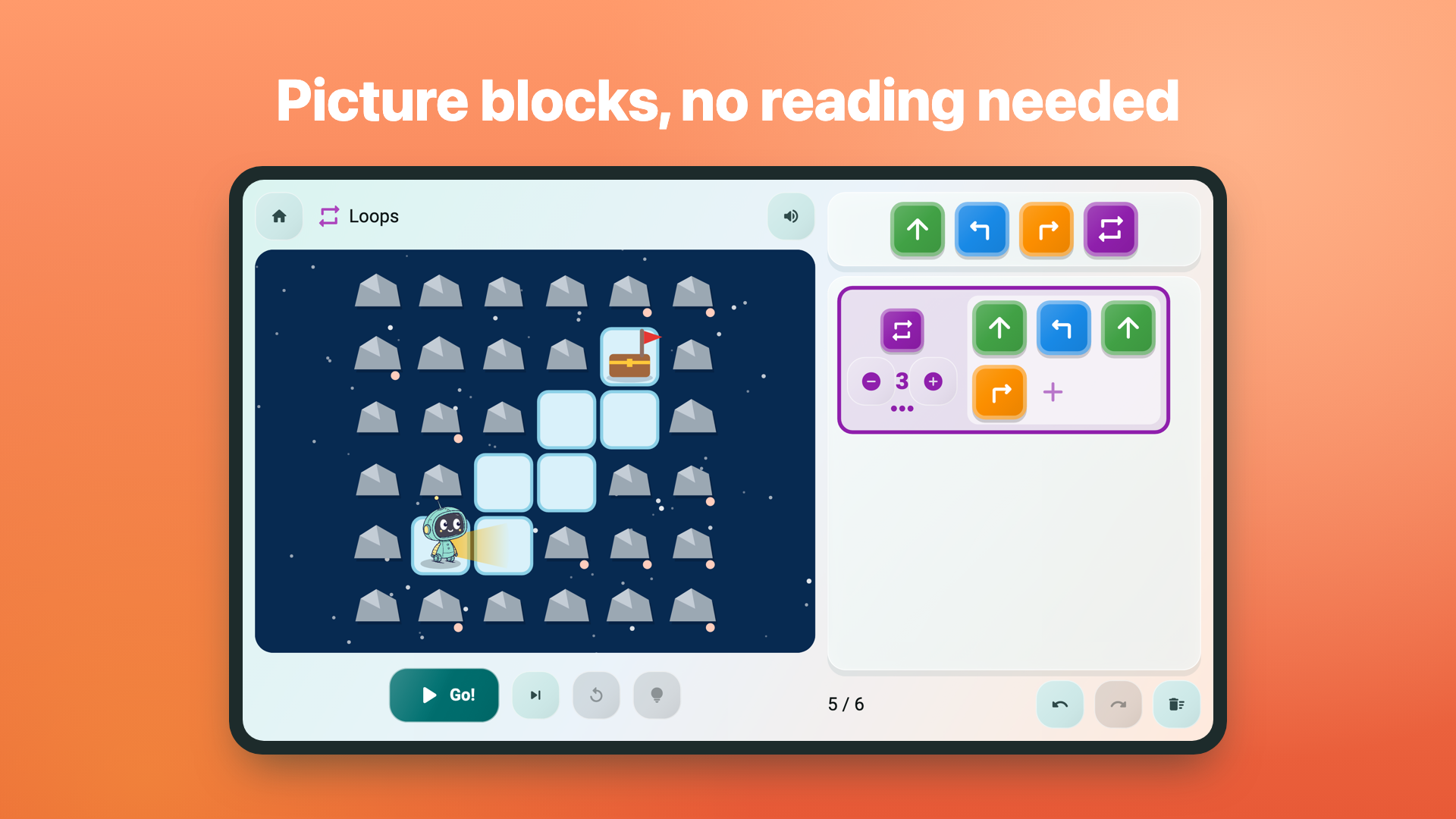 Coba Lagi coding game with a path, character, and visual instruction blocks