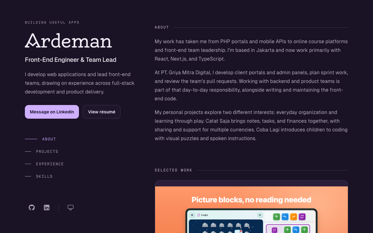 Ardeman personal portfolio showing the introduction and selected work