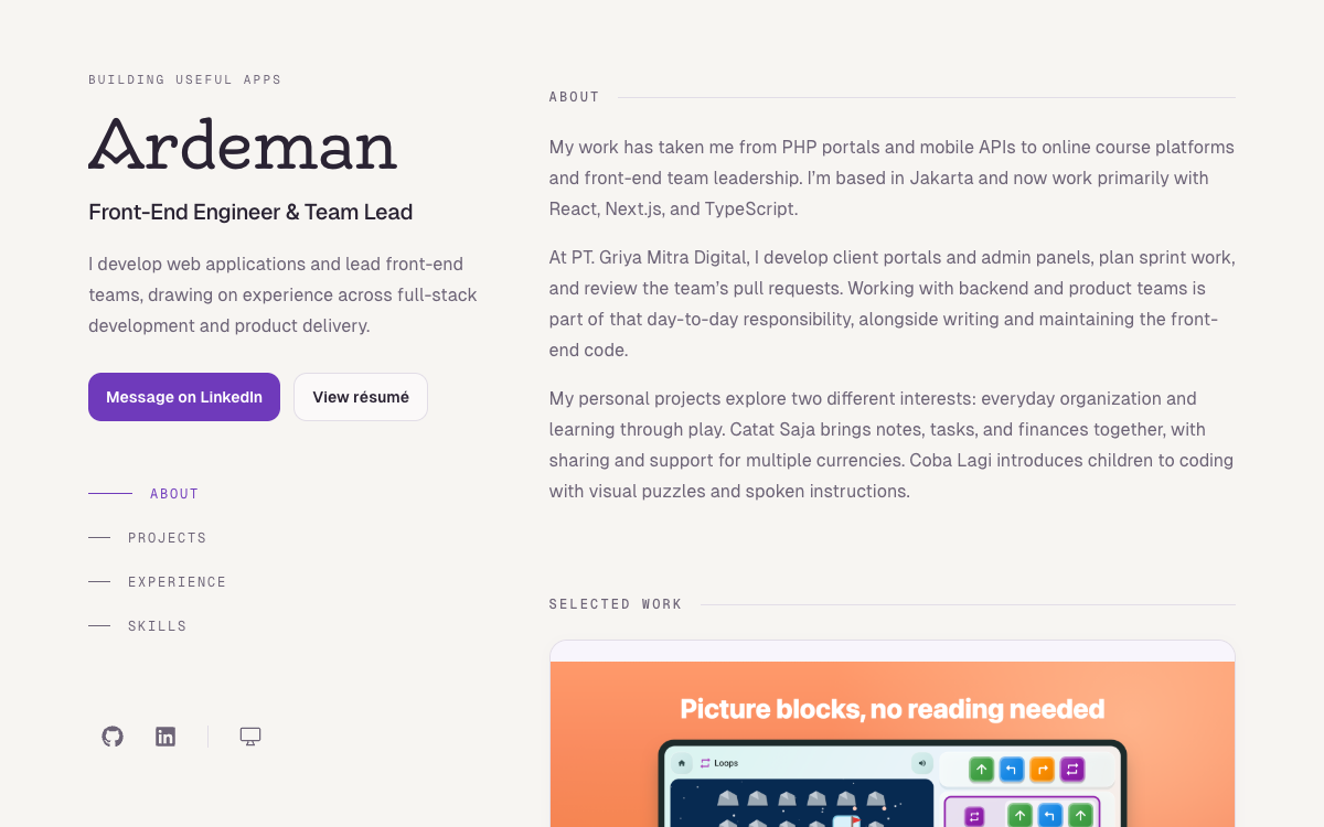 Ardeman personal portfolio showing the introduction and selected work